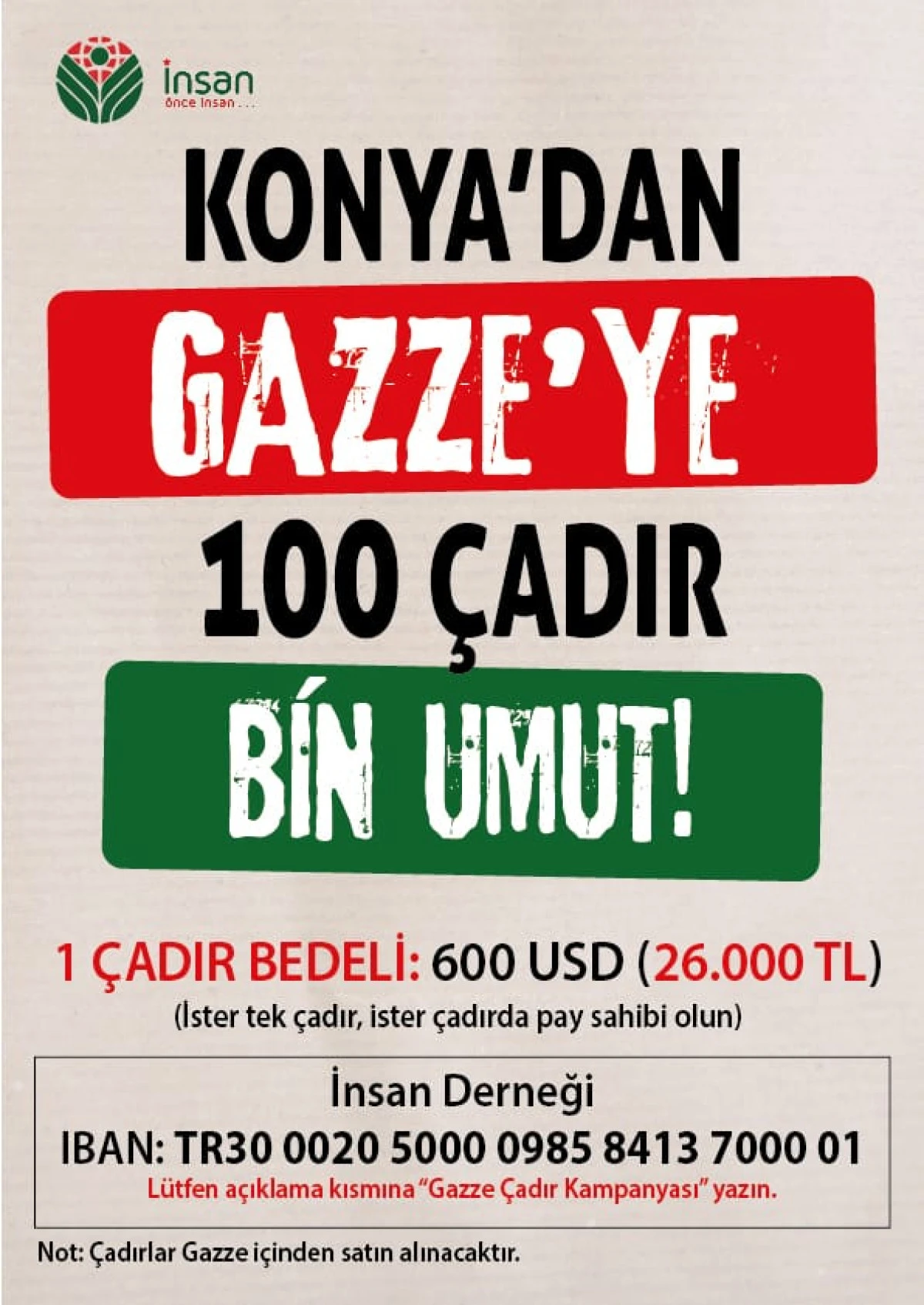Konya İnsan Derneği&rsquo;nden Gazze İ&ccedil;in Acil &Ccedil;adır &Ccedil;ağrısı 