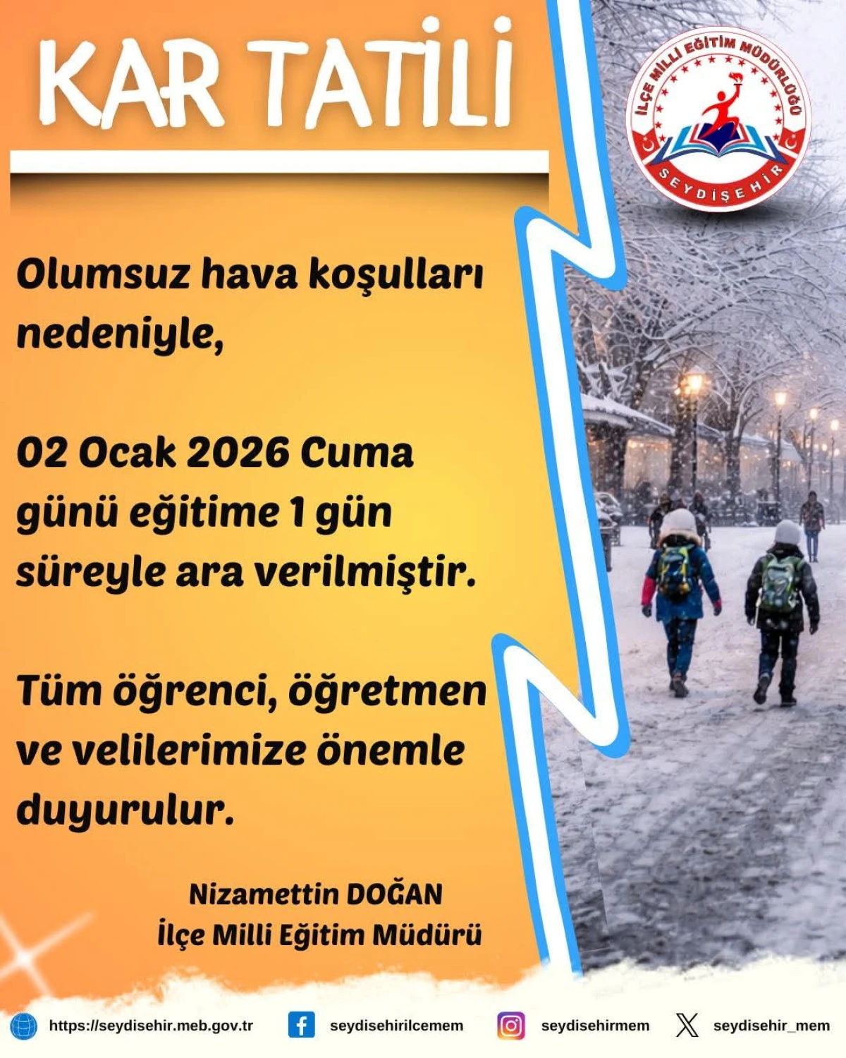 Seydişehir İl&ccedil;e MEM den a&ccedil;ıklama yarın okullar tatil